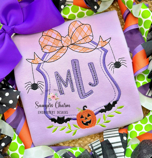 Gingham bow Halloween jackolantern bats spider monogram crest frame machine embroidery design file, fall pumpkin, laurel vines, spiderweb