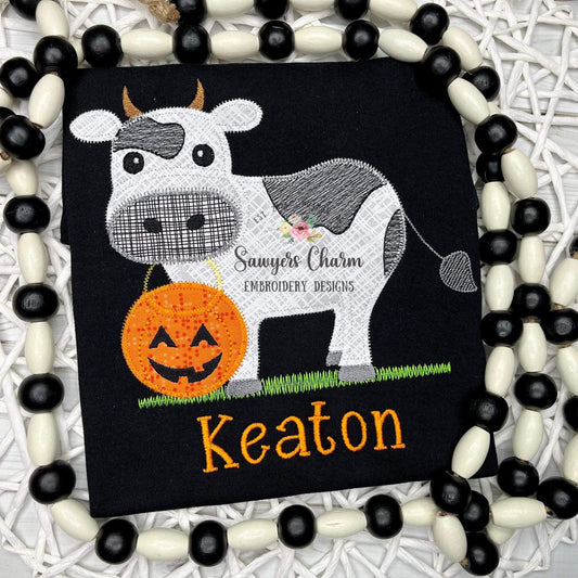 BUNDLE Cow jack o lantern candy bucket, with & without bow zig zag applique, machine embroidery design file, fall pumpkin trick or treating