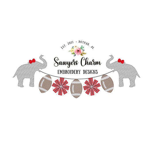 Elephant sports mascot football pompoms bunting banner with bows sketch stitch embroidery design file, cheer, college university/high school