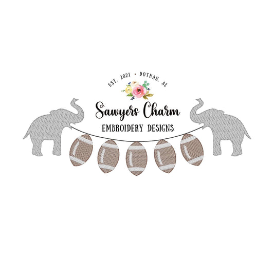 Elephant sports mascot football bunting banner with bows sketch stitch embroidery design file, ball field, college university/high school,