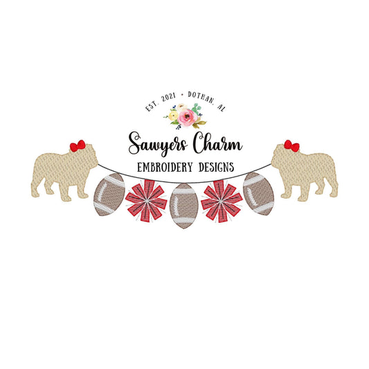 Bulldog sports mascot football pompoms bunting banner with bows sketch fill embroidery design file, cheerleading, college university school