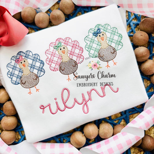 BUNDLE Gingham turkey trio with/without bows sketch stitch embroidery design file, fall, thanksgiving, gobble, plaid check, coquette