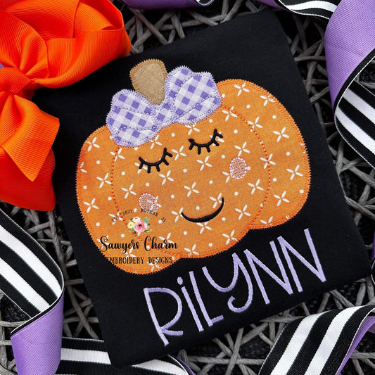 BUNDLE Sweet Pumpkin with bow zig zag & bean stitch applique machine embroidery design file, fall, halloween, spooky season, jackolantern