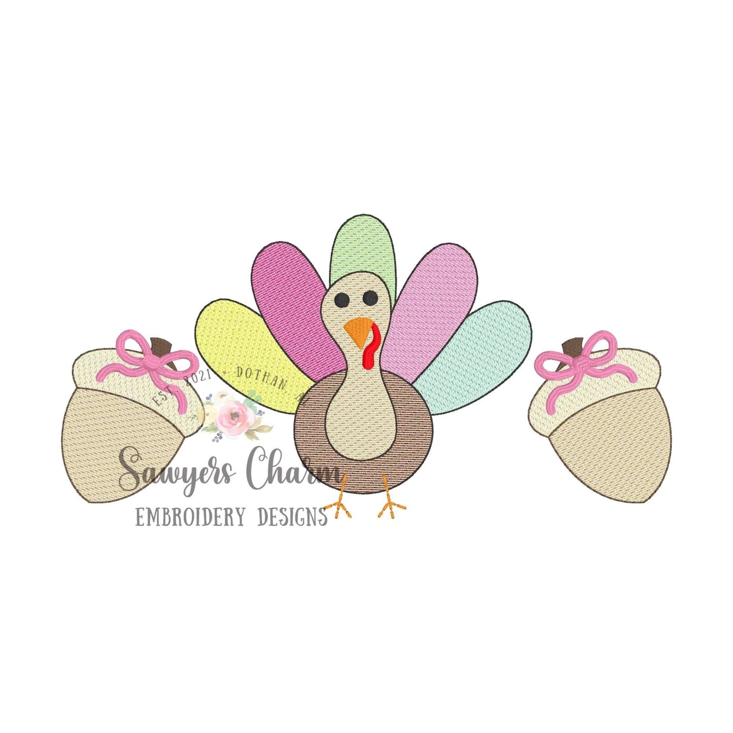 BUNDLE Turkey acorns trio with & without bows sketch stitch embroidery design file, fall, thanksgiving, quick stitch, bean stitch details