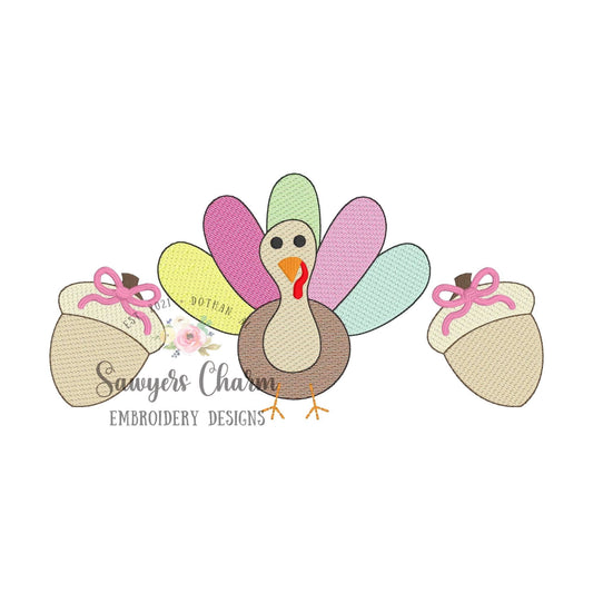 BUNDLE Turkey acorns trio with & without bows sketch stitch embroidery design file, fall, thanksgiving, quick stitch, bean stitch details