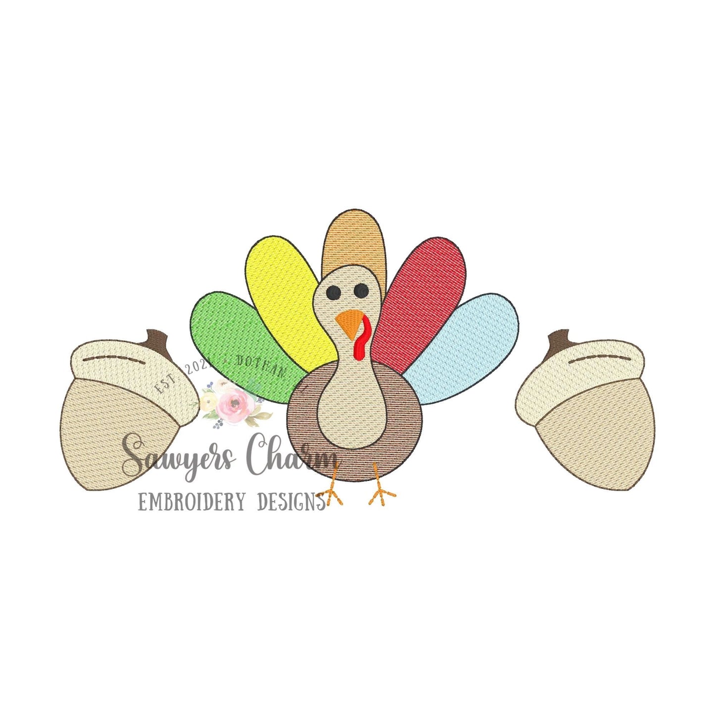 BUNDLE Turkey acorns trio with & without bows sketch stitch embroidery design file, fall, thanksgiving, quick stitch, bean stitch details