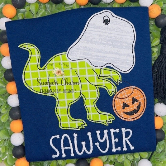 T-Rex ghost trick or treating bean stitch applique, machine embroidery design file, jackolantern pumpkin dinosaur dino, spooky, candy bucket