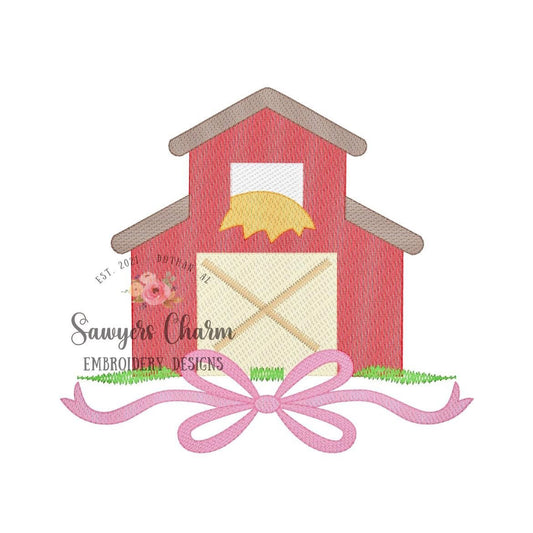 Barn with bow sketch stitch machine embroidery design file, quick stitch, bean stitch details, fall, farmer, farm, outdoors, grass
