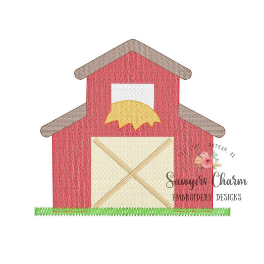 Barn with grass sketch stitch machine embroidery design file, quick stitch, bean stitch details, fall, farmer, farm, outdoors