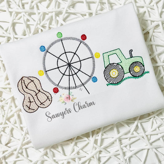 Tractor peanut ferris wheel sketch stitch machine embroidery design file, bean stitch details, farm harvest, dirt hauler, festival, fair