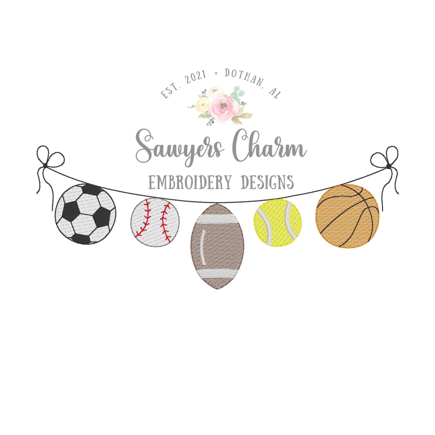 BUNDLE Multi Sports balls bunting banner sketch stitch machine embroidery design file, tennis, football, basketball, baseball, soccer