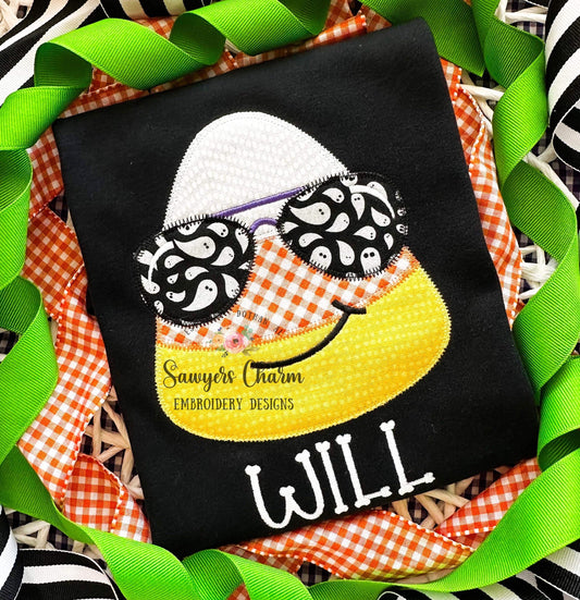 BUNDLE Candy corn with sunglasses bean & zigzag stitch machine applique embroidery design file, Halloween, spooky season, trick or treating