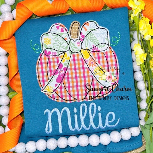 BUNDLE Pumpkin with bow bean & zigzag stitch applique, machine embroidery design file, fall, halloween, fall leaves, pumpkin patch, quick