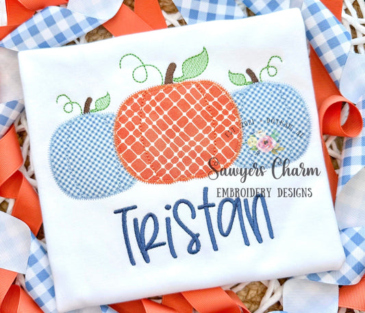 Pumpkins trio with/without bow, zig zag applique, machine embroidery design file, fall, Halloween, leaves, pumpkin patch, quick stitch