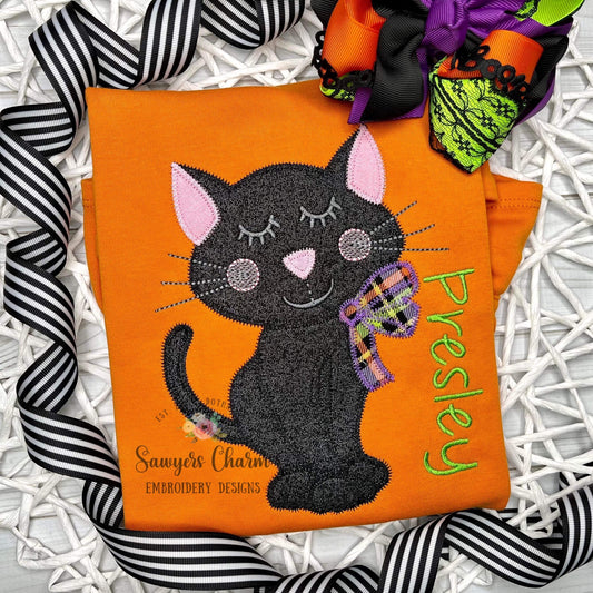 BUNDLE Sweet kitty cat with bow zig zag & bean stitch applique machine embroidery design file, fall halloween spooky season, black cat