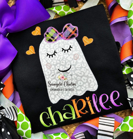 BUNDLE Ghost with bow and hearts zig zag & bean stitch applique machine embroidery design file, quick stitch, fall, halloween, spooky season