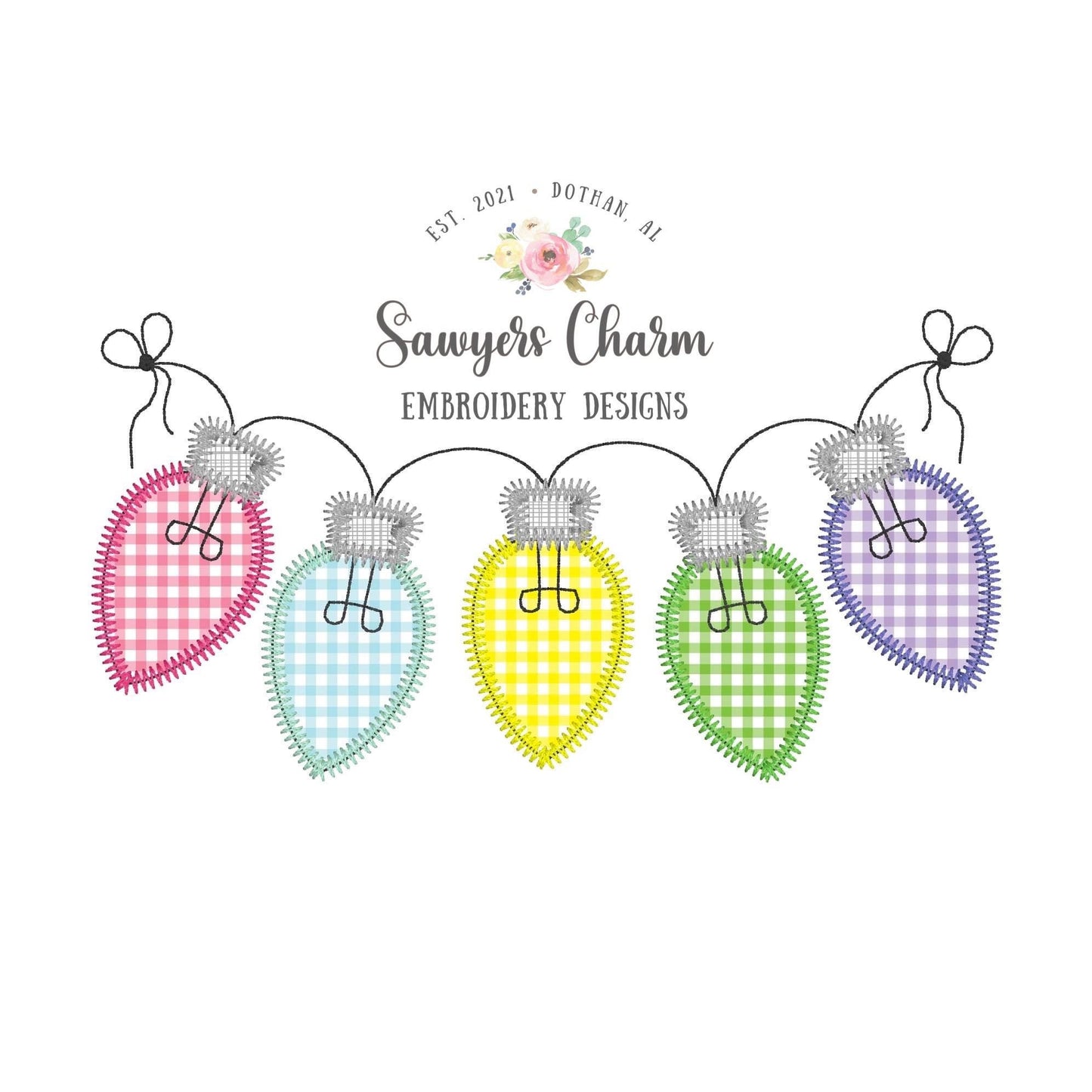 BUNDLE Christmas lights strand with & without bows bunting banner zig zag stitch machine embroidery design file, happy holiday season