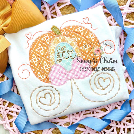 BUNDLE Pumpkin princess carriage with bow bean & zigzag stitch applique, machine embroidery design file, halloween, fall pumpkin, girly girl