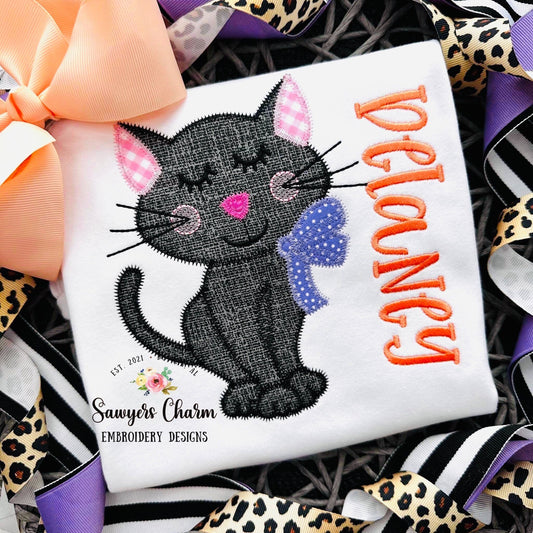 BUNDLE Sweet kitty cat with bow zig zag & bean stitch applique machine embroidery design file, fall halloween spooky season, black cat