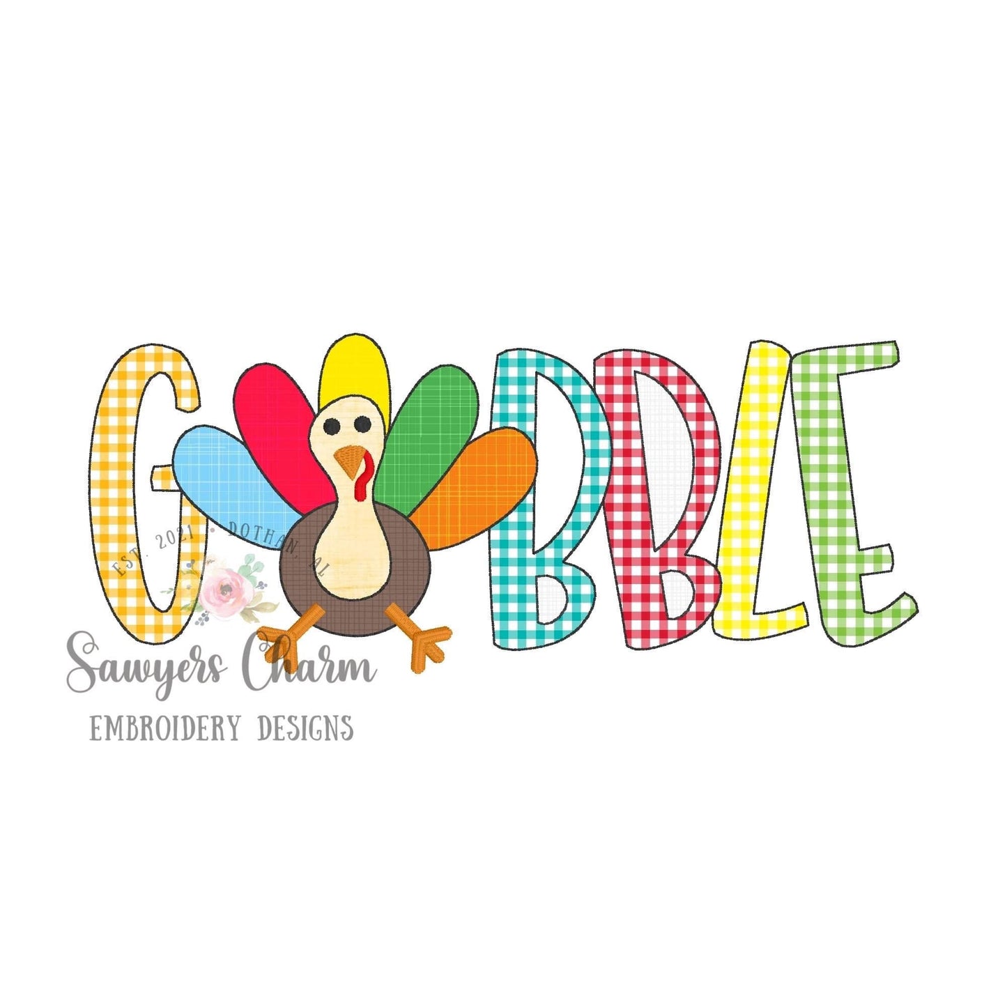 GOBBLE Turkey bean stitch applique, machine embroidery design file, fall, thanksgiving, quick stitch
