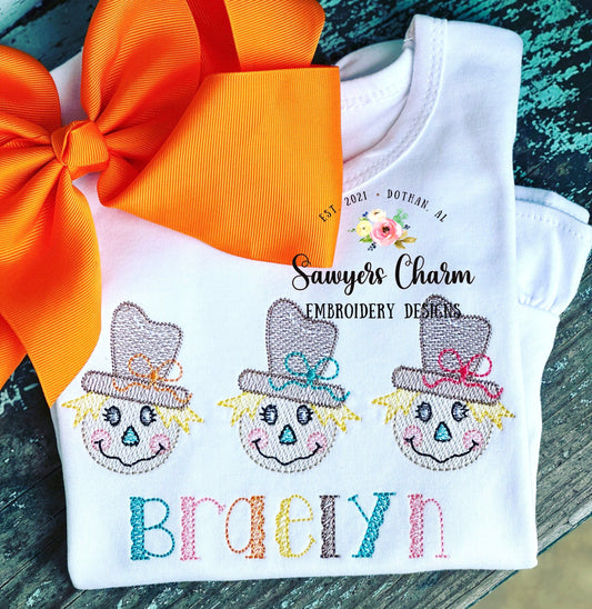 Girl Scarecrow with bow on hat sketch stitch trio, machine embroidery design file, bean stitch details, fall, thanksgiving, quick stitch