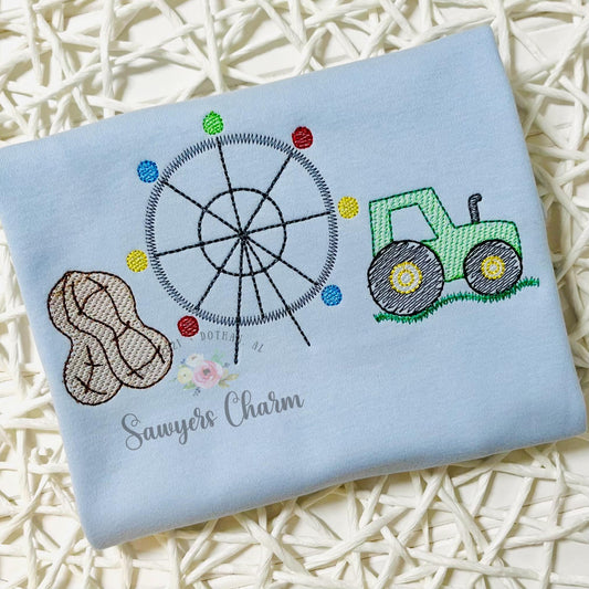Tractor peanut ferris wheel sketch stitch machine embroidery design file, bean stitch details, farm harvest, dirt hauler, festival, fair
