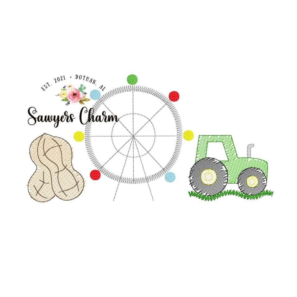 Tractor peanut ferris wheel sketch stitch machine embroidery design file, bean stitch details, farm harvest, dirt hauler, festival, fair
