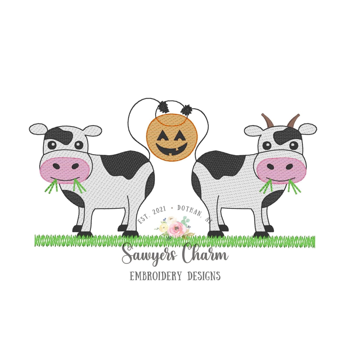 Halloween Cows with candy bucket sketch stitch machine embroidery design file, quick stitch, bean stitch, farm animals, trick or treating