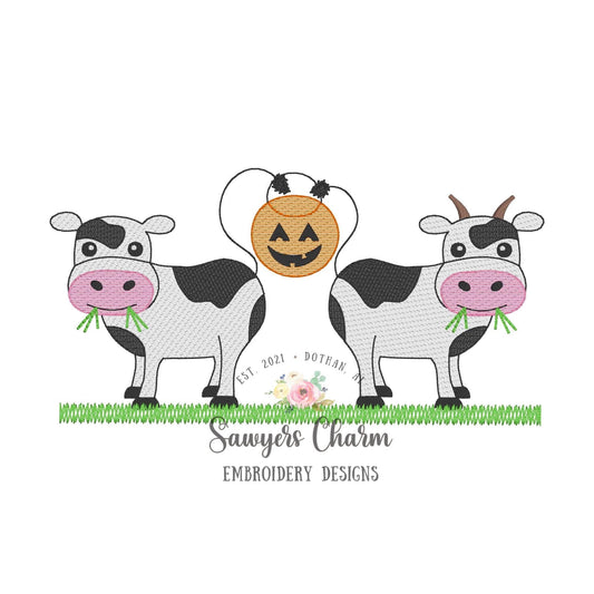 Halloween Cows with candy bucket sketch stitch machine embroidery design file, quick stitch, bean stitch, farm animals, trick or treating