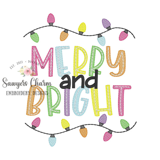 Merry & Bright with two strands of lights sketch stitch machine embroidery design file, quick stitch, Christmas, holidays, holly jolly santa