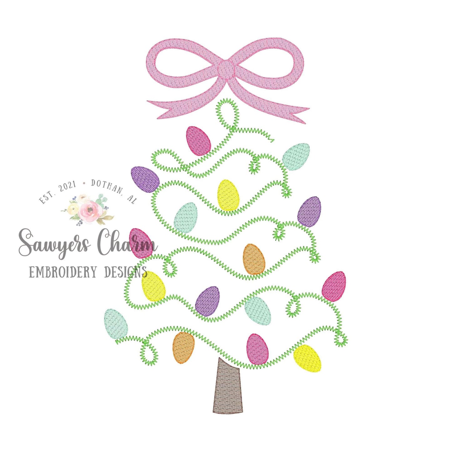 Christmas lights tree with bow sketch stitch machine embroidery design file, quick stitch, happy holidays, bean and zigzag stitch details