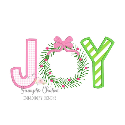 Christmas JOY wreath with bow satin stitch applique, machine embroidery design file, bean stitch wreath, happy holidays, Merry Christmas