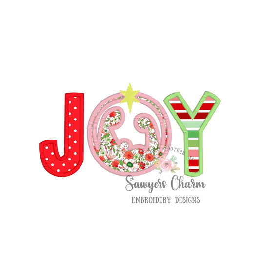 Christmas JOY nativity satin stitch machine applique embroidery design file, manger scene, joy to the world, Baby Jesus, Christmas story