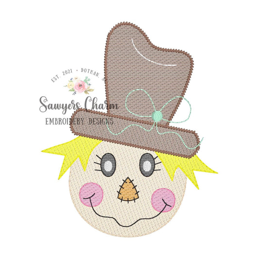 Girl Scarecrow with bow on hat sketch stitch machine embroidery design file, bean stitch details, fall, thanksgiving, quick stitch, harvest