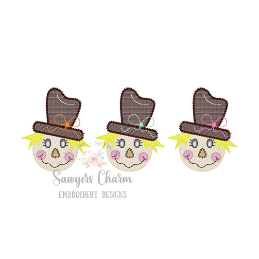 Girl Scarecrow with bow on hat sketch stitch trio, machine embroidery design file, bean stitch details, fall, thanksgiving, quick stitch