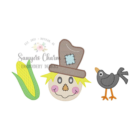 Boy Scarecrow with patch on hat, corn, crow sketch stitch trio, machine embroidery design file, bean stitch details, fall, thanksgiving
