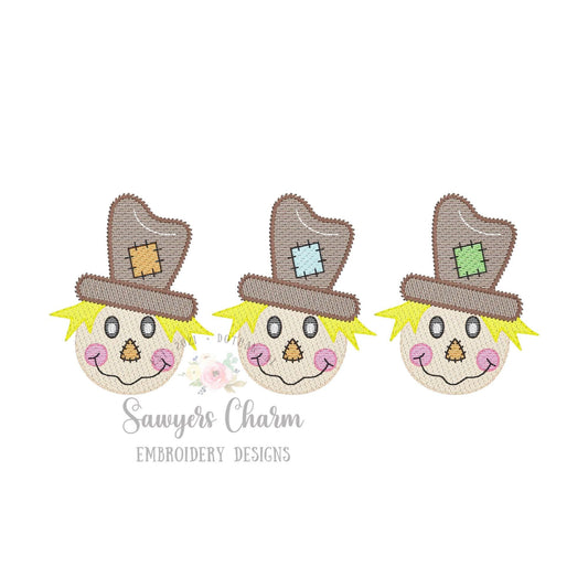 Boy Scarecrow with patch on hat sketch stitch trio, machine embroidery design file, bean stitch details, fall, thanksgiving, quick stitch