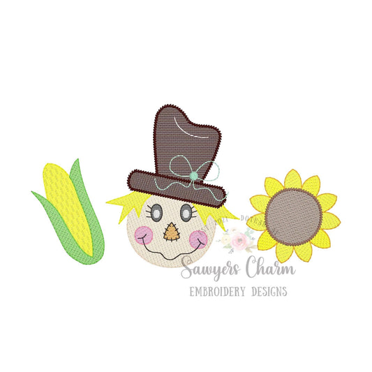 Girl Scarecrow with bow on hat, corn, sunflower sketch stitch trio, machine embroidery design file, bean stitch details, fall, thanksgiving