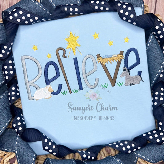 BELIEVE Baby Jesus Nativity, Bethlehem star, donkey, sheep machine embroidery design file, satin stitch letters, mini fill, Christmas story