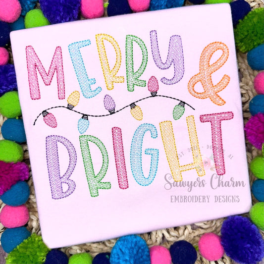 Merry & Bright with one strand of lights sketch stitch machine embroidery design file, quick stitch, Christmas, happy holidays, holly jolly