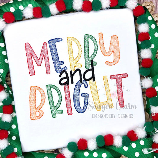 Merry & Bright sketch stitch machine embroidery design file, quick stitch, Christmas, holidays, holly jolly, santa claus, ho ho ho