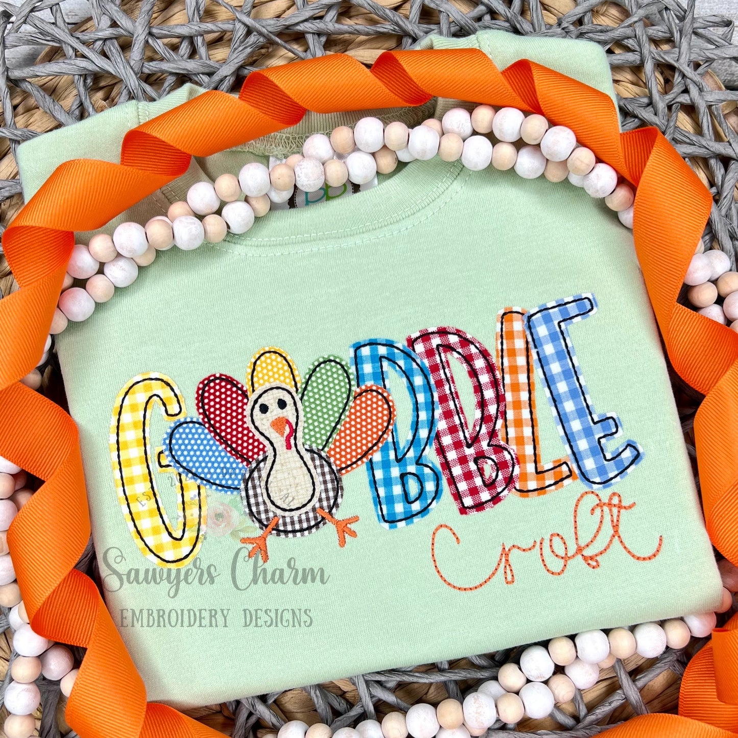 GOBBLE Turkey bean stitch applique, machine embroidery design file, fall, thanksgiving, quick stitch