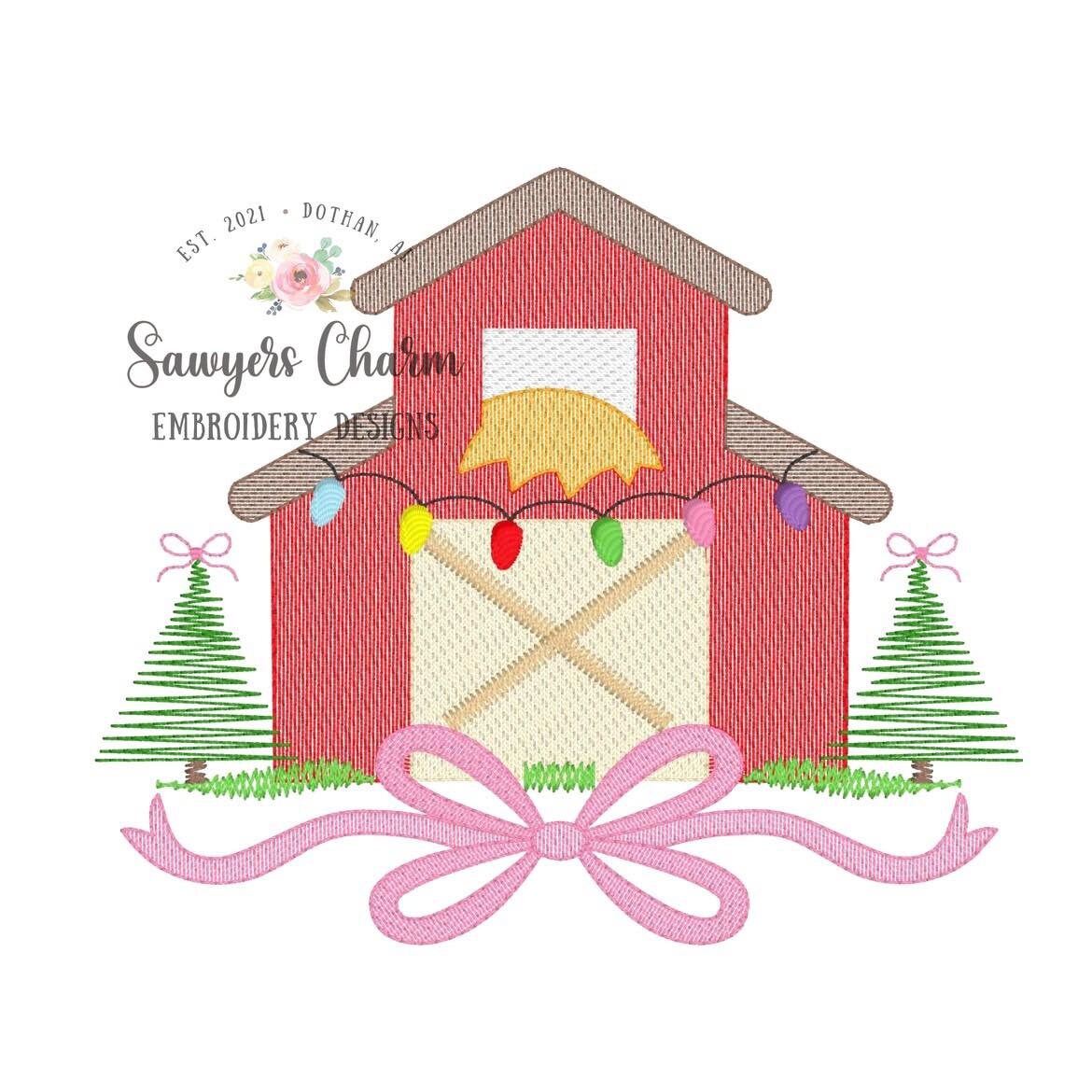Christmas Barn and bow, Christmas trees & lights sketch stitch machine embroidery design file, quick stitch/bean stitch details, rustic farm