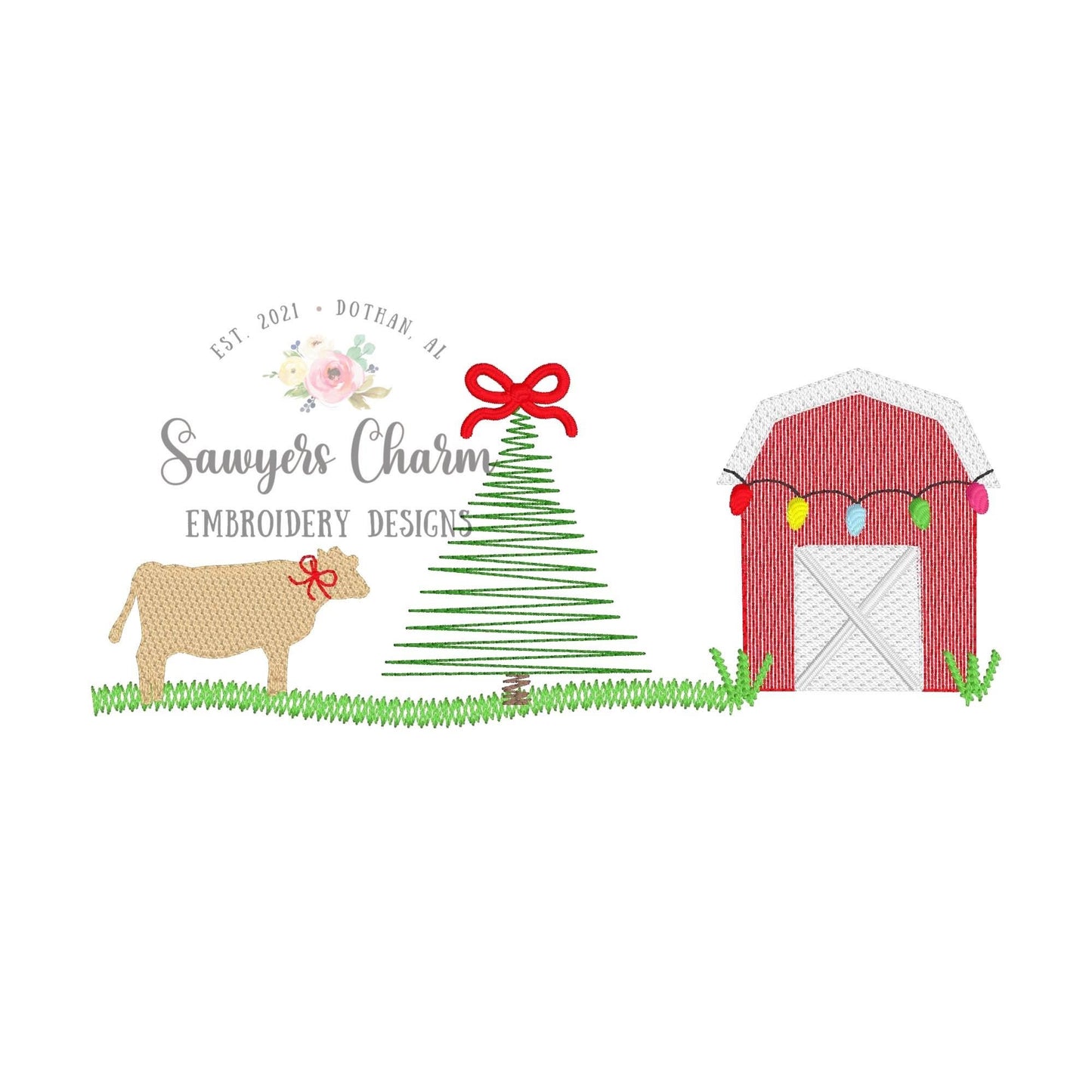 BUNDLE Christmas Cows with stars & bow sketch stitch machine embroidery design file, quick stitch, barn, farm animals, happy holidays