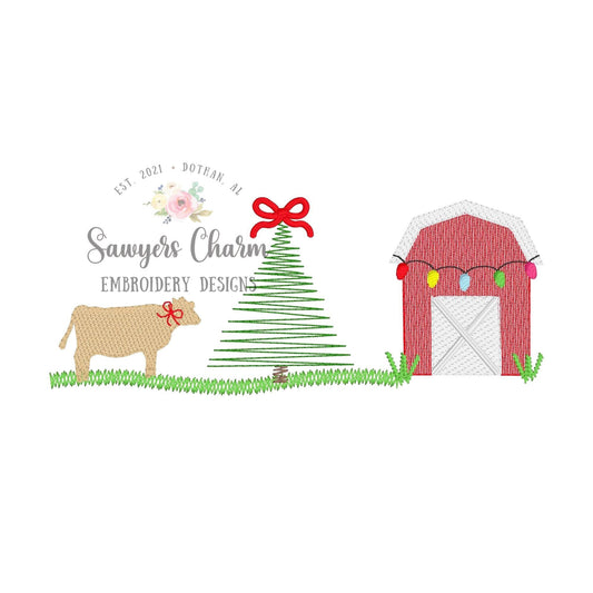 BUNDLE Christmas Cows with stars & bow sketch stitch machine embroidery design file, quick stitch, barn, farm animals, happy holidays