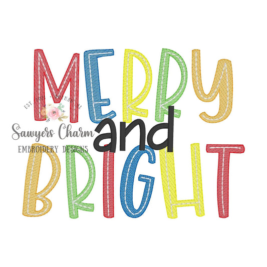 Merry & Bright sketch stitch machine embroidery design file, quick stitch, Christmas, holidays, holly jolly, santa claus, ho ho ho