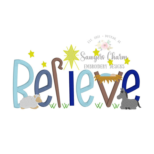BELIEVE Baby Jesus Nativity, Bethlehem star, donkey, sheep machine embroidery design file, satin stitch letters, mini fill, Christmas story