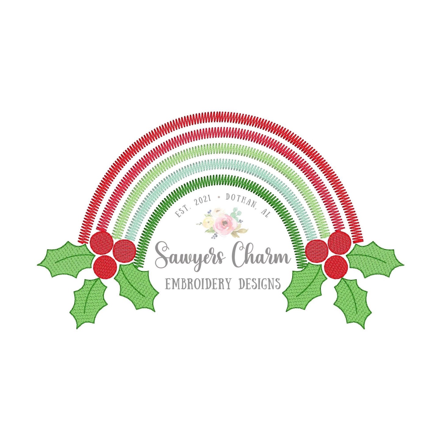 Holly berries zig zag rainbow sketch stitch machine embroidery design file, quick stitch, Merry Christmas, happy holidays, holly jolly ho ho
