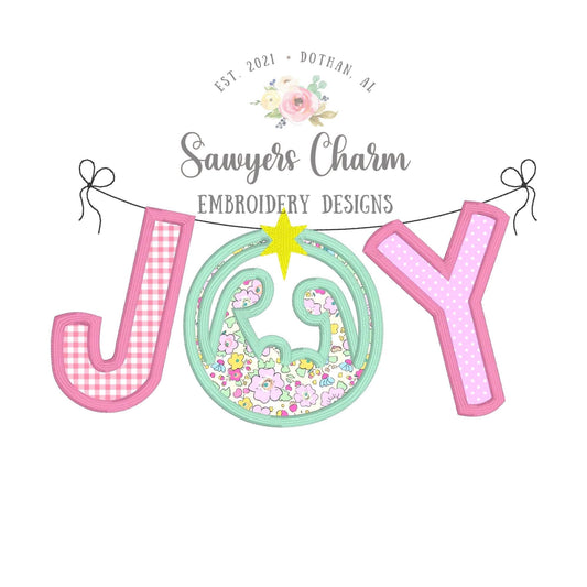 Christmas JOY bunting banner nativity satin stitch machine applique design, embroidery file, joy to the world, Jesus manger, Christmas story