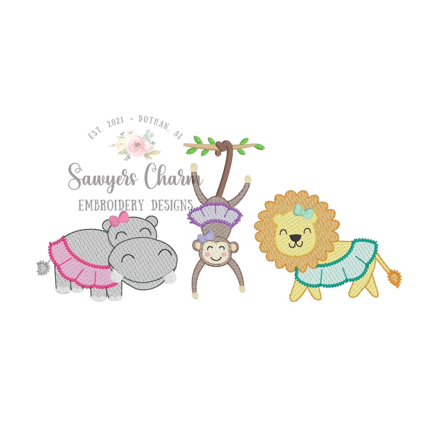 Zoo/jungle/safari animals in tutus with bows sketch stitch trio, machine embroidery design file, quick stitch, hippo, monkey on vine, lion